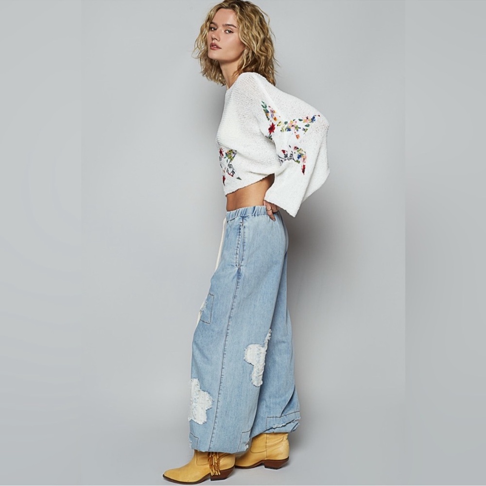 POL BRAND NEW LIGHT DENIM DISTRESSED PATCHWORK JOGGER - Picture 11 of 11